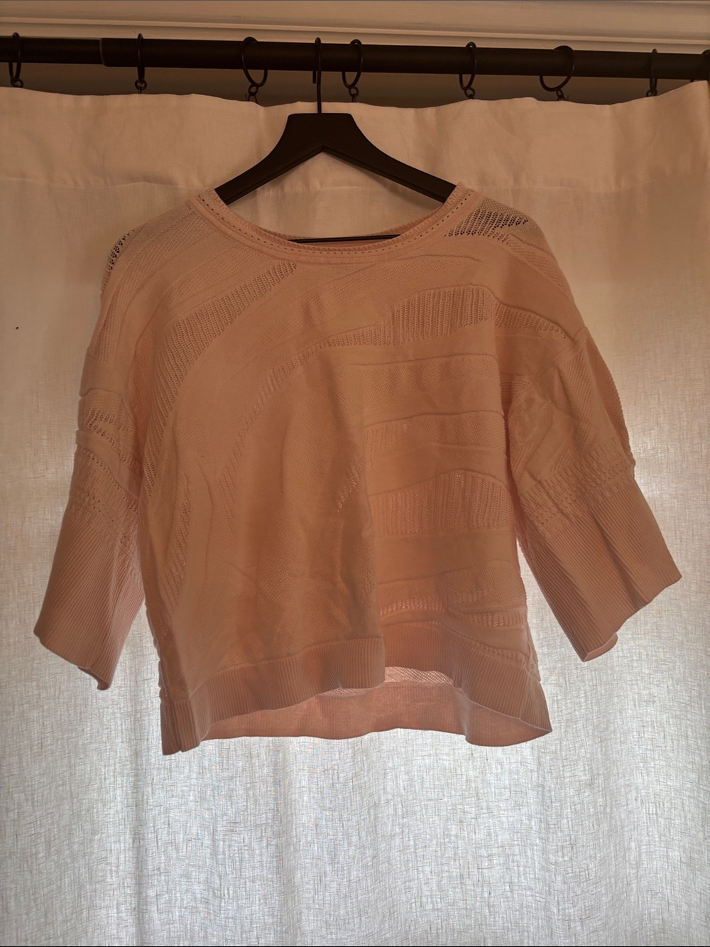 CAbi Light Pink Open-Knit Short Sleeve Sweater